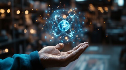 Fototapete - A person holding in their hand a futuristic, blue-glowing hologram of an atom, with a dark background.
