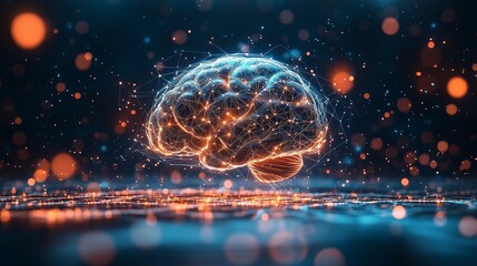 Fototapete - A futuristic brain, glowing softly with vibrant neural activity on the gradient blue background. 9