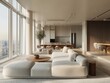 © TiMaFaY - Luxury Apartment Living Room: Modern minimalist apartment boasts expansive windows offering panoramic city views, showcasing a neutral color palette with elegant furniture and natural light.