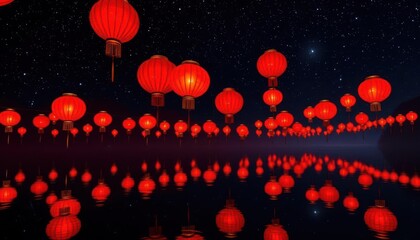 Wall Mural - Crimson lanterns drift on inky black, stars reflected in calm river below, scenic, beautiful