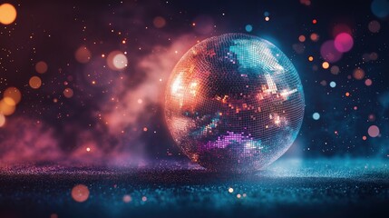 Poster - Vibrant disco ball made of glowing digital pixels and particles, radiating colorful light bursts in a festive abstract atmosphere