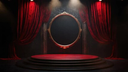 Poster - Dramatic Empty Stage with Red Curtains and Large Oval Mirror in Center Lighting for Performance and Event Setup
