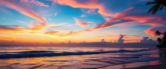 Wall Mural - Serene sunset beach, calm waves, colorful sky, silhouetted palms, tranquil, harmony