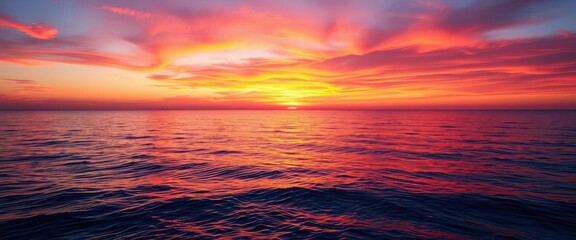 Wall Mural - Serene sunset, fiery orange and pink hues paint calm ocean, reflecting vibrant colors, golden hour, reflection