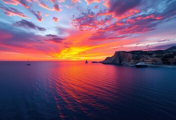 Wall Mural - fiery sunset paints majorca's coastline, dramatic sky, tranquil, vacation