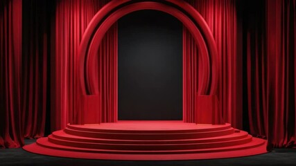 Poster - Red Velvet Theater Stage with Arched Curtain and Illuminated Backdrop Ideal for Performances and Presentations