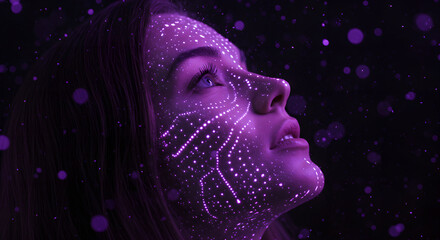 Poster - Woman with glowing dots on skin, profile view. Digital face scanning technology concept for data analysis. Futuristic face augmentation for beauty and science research.