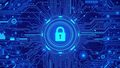 Abstract blue tech background with central circular lock icon, digital, cyber security