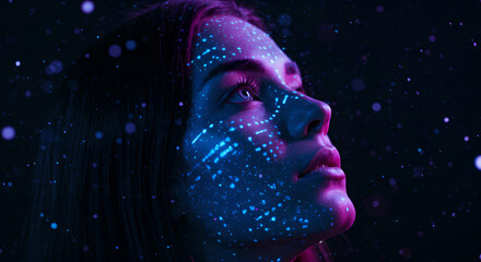 Poster - Woman's face illuminated with futuristic technology. Digital skin interface concept. Cyberpunk portrait for science fiction, technology and innovative biomedical application.