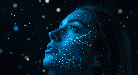 Poster - Woman with bioluminescence effect against dark background. Abstract skin pattern with glowing dots. Technology concept for future, innovation and science, copy space design.