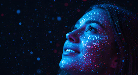 Poster - Woman with neon glowing face looking up at luminous dots. Futuristic portrait of innovation and technology transformation for artificial intelligence concept.