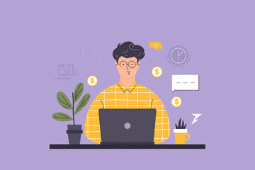 Aufkleber - Remote work illustration: Man working online with laptop and financial icons.