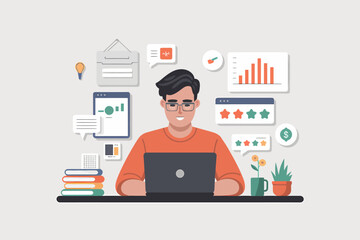 Poster - Focused Man Working on Laptop with Data Analysis and Communication