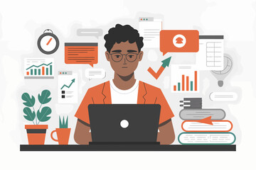 Poster - Focused Man Working on Laptop with Data Analytics and Communication Icons