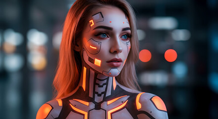 Poster - Futuristic Woman cyborg with bionic print. Artificial intelligence and modern bio technology concept. Cyberpunk skin with glowing implants for science fiction project.