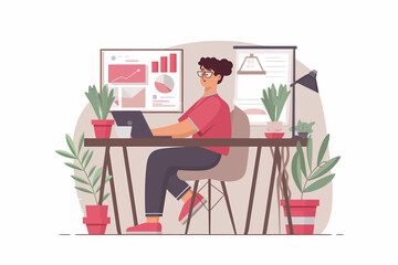 Poster - Woman analyzing data on laptop at home office with plants illustration