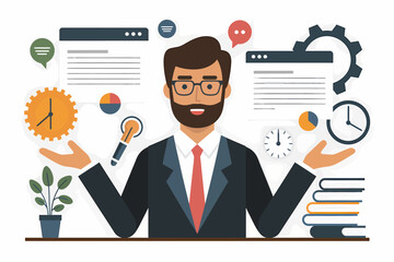 Poster - Productivity manager illustration balancing time, tasks, data and workflow