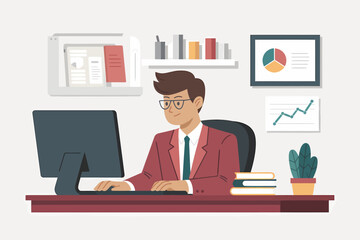 Poster - Businessman Analyzing Data at Desk with Charts and Computer Illustration