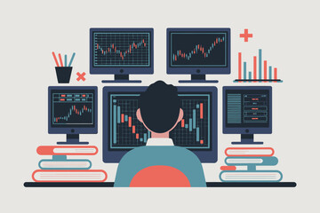 Poster - Financial trader analyzing stock market data on multiple monitors