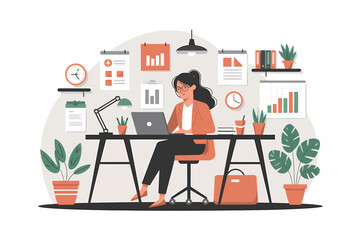 Poster - Woman working from home at her desk with charts and schedules