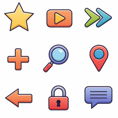 Poster - A brightly colored digital illustration with thick black outlines. Nine distinct icons are arranged in a three-by-three grid on a plain white background. Vector Illustration