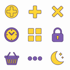 Poster - A vector-based illustration in a limited palette of bright yellow and medium purple features nine distinct icons arranged in a three-by-three grid against a plain background. Vector Illustration