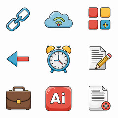 Poster - A digital illustration in a bold, cartoonish style displays nine distinct icons arranged in a 3x3 grid on a plain white background. Each icon features flat color application with defined outlines.