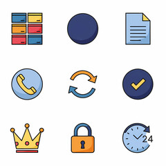 Aufkleber - A brightly colored digital illustration with thick black outlines presents nine minimalist icons in a 3x3 grid on a white background. The color palette is varied and saturated. Vector Illustration