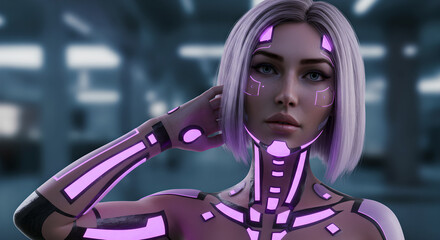 Poster - Cyborg woman futuristic look for digital media, science fiction and artificial intelligence, concept of human enhancements, cyberpunk fashion style in the future reality.