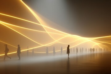 Poster - Dramatic light installation attracts people in a dimly lit exhibition space during an evening event