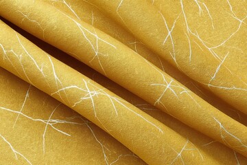 Poster - Soft yellow fabric with intricate white patterns laid out for design and crafting projects in a bright, well-lit space