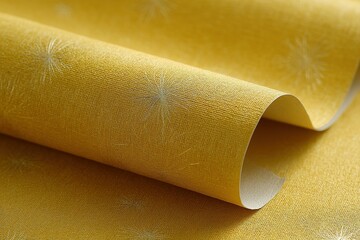 Poster - Bright yellow textured fabric rolls positioned on a surface showcasing intricate design details and vibrant color