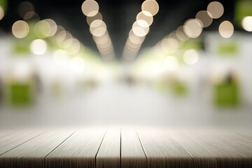 Poster - Wooden tabletop with blurred background of lights and people in a modern exhibition space