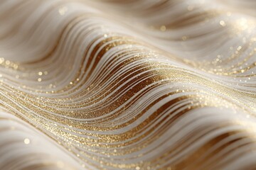 Poster - Flowing strands of shimmering gold and white fabric create a mesmerizing wave pattern under soft lighting