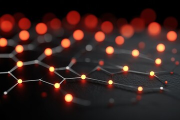 Fototapete - Abstract representation of molecular structure with luminous orange nodes against a dark background