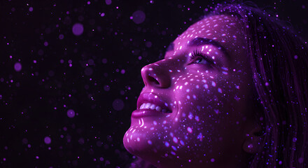 Poster - Woman's face lit with shining purple particles looking up into the night, showcasing bright skin and sparkling bokeh, promoting skincare science and technological innovation.
