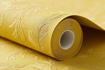 Poster - Elegant yellow patterned wallpaper rolls displayed for interior decoration in a design studio set in bright lighting
