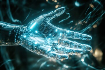 Poster - Futuristic robotic hand reaching out with glowing circuitry in a digital environment