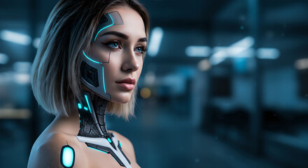Poster - Woman cyborg with futuristic technology implant. Face and body enhancement for artificial intelligence. Sci-fi portrait of enhanced human, advanced digital innovation.