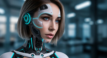 Poster - Woman cyborg with futuristic technology interface. Conceptual portrait of female cyborg face with advanced equipment and glowing blue light for science and digital media.