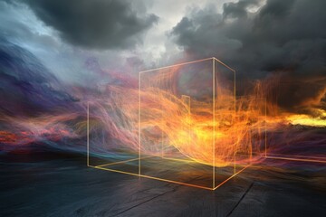 Poster - Abstract representation of vibrant energy flowing through geometric shapes at sunset