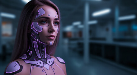 Poster - Woman cyborg with futuristic body art looking to the side. Innovation in neural networks and robotics. Artificial intelligence concept for science and technology.