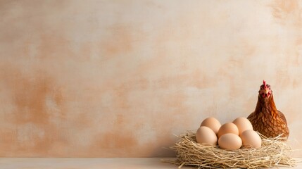 Poster - Brown hen is standing by a nest full of fresh eggs, showcasing organic farming practices and the origin of natural food in a rustic setting with copy space