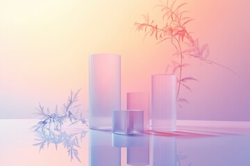 Poster - Modern glass vases with soft pastel hues and delicate foliage illuminated by gentle light