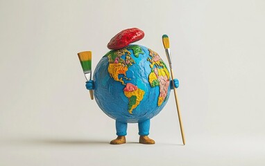 Poster - 3D Earth icon with arms and legs, wearing an artist beret and holding a paint brush in hand, painting colorful world map on it. Simple design, white background, isometric view, high resolution,