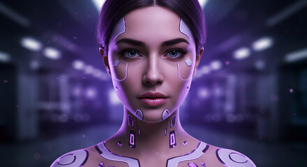 Poster - Woman with futuristic body augmentation. Concept of cybernetics and future technology. Artificial Intelligence and advanced robotics for science related projects and articles.