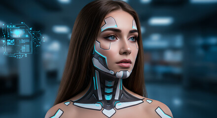 Poster - Woman with futuristic body implants and digital interface. Artificial intelligence, humanoid robot, cyborg and technology concept, for science fiction and future projects.