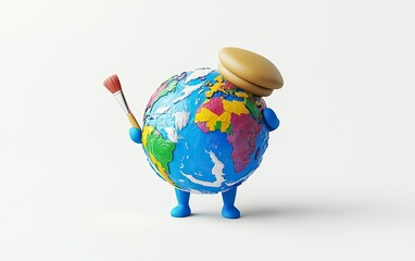 Poster - 3D Earth icon with arms and legs, wearing an artist beret and holding a paint brush in hand, painting colorful world map on it. Simple design, white background, isometric view, high resolution,