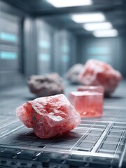Poster - A futuristic display of mineral crystals in a high-tech environment, showcasing vibrant colors and intricate textures.