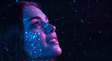 Poster - Woman's face with digital neon pattern projected on it. Futuristic technology face scan concept. Cyberpunk aesthetic for background, banner, poster, advertising.